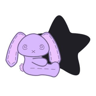 Purple cartoon character with bunny ears holding a black star on a white background